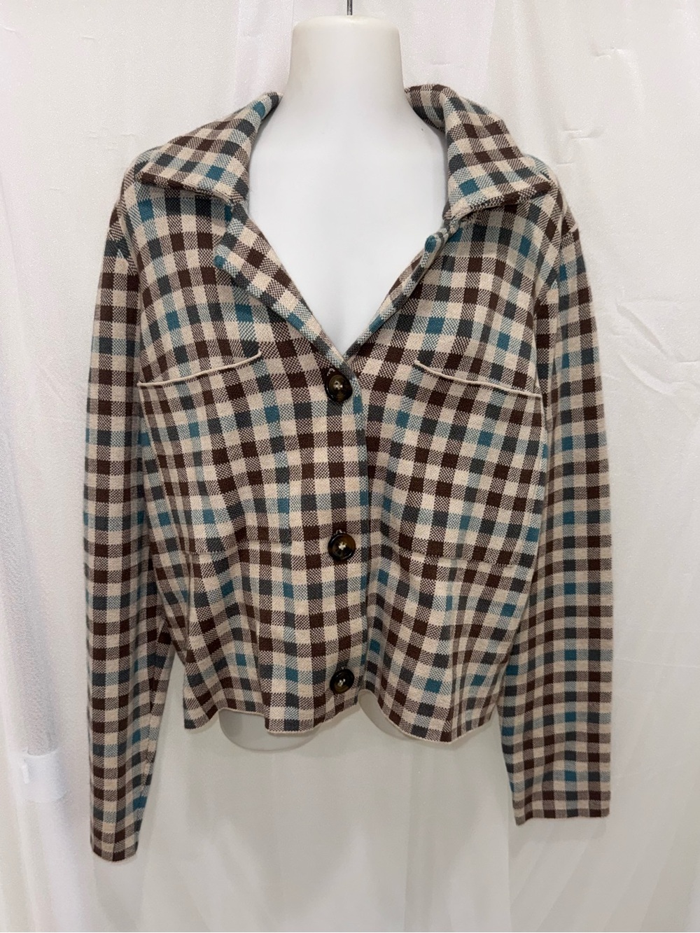 Rachel Zoe Women’s XL Plaid Check Knit Jacket Brown Teal Cream Retro Fall